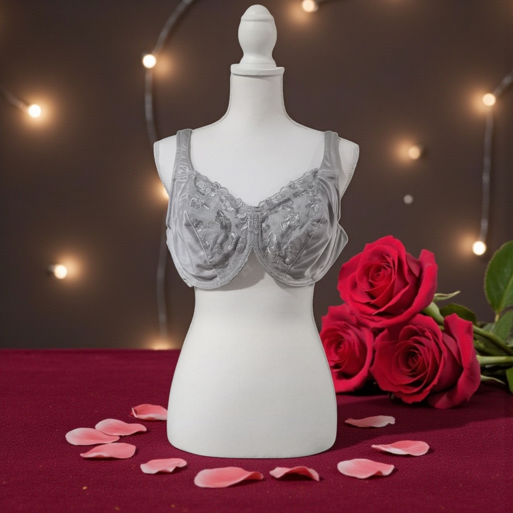 Breezies Elegant Gray Embroidered‎ Bra 44B UNDERWIRE